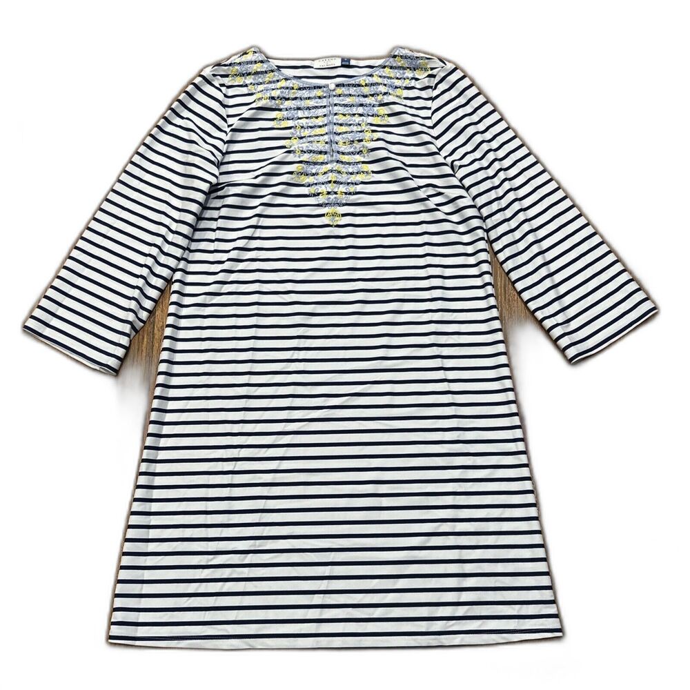 Cabana Life x Talbots Dress Medium Blue White Jersey Cover Up UPF50 Embroidered